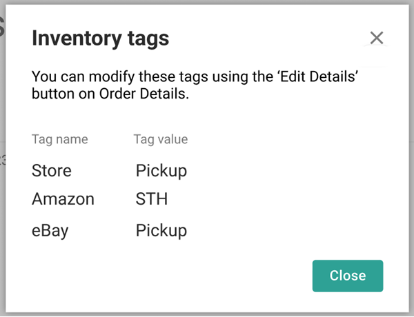 The Inventory Tags pop-up with three example tags