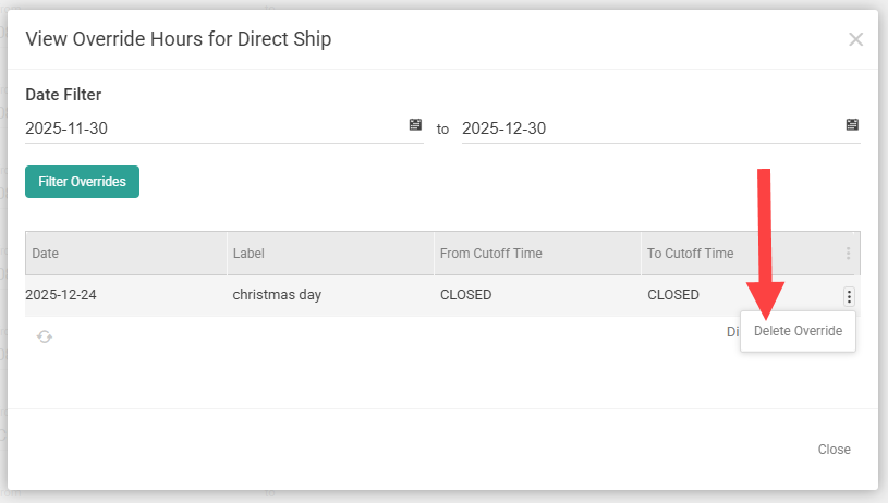 The View Override Hours modal with a callout for the delete button