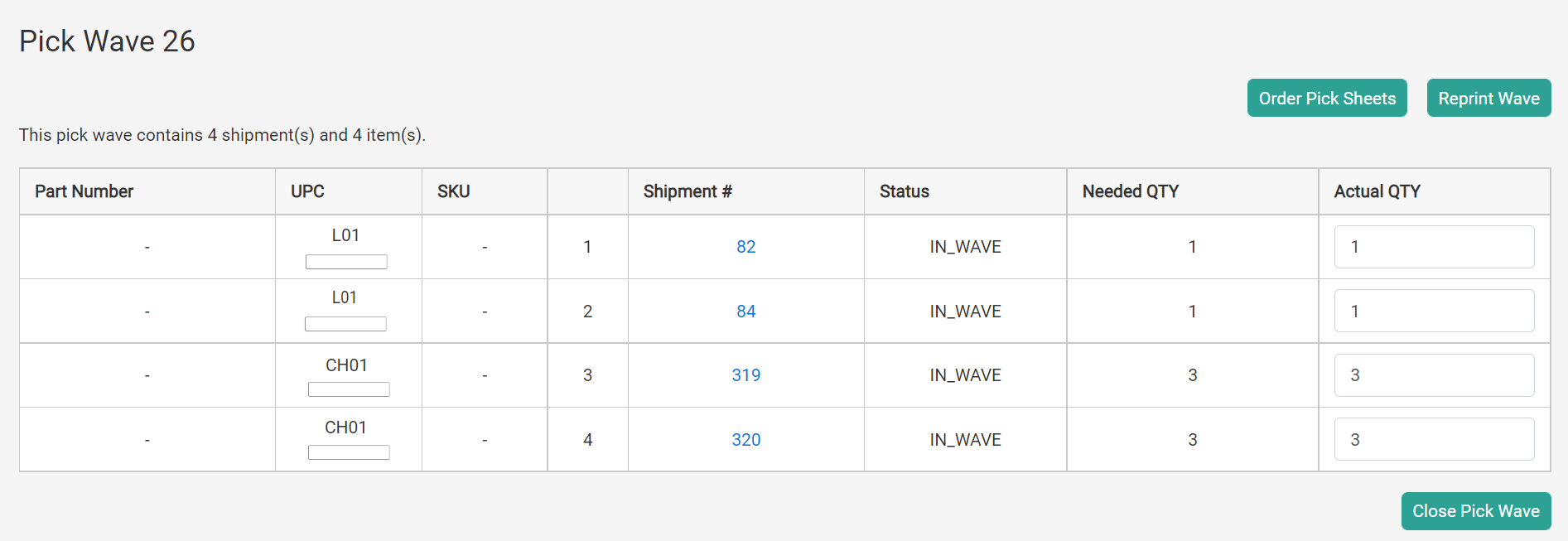 The pick wave details page with a table of items