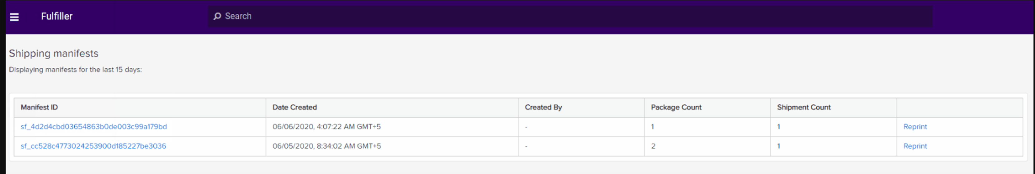 The Shipping Manifests page with example manifests