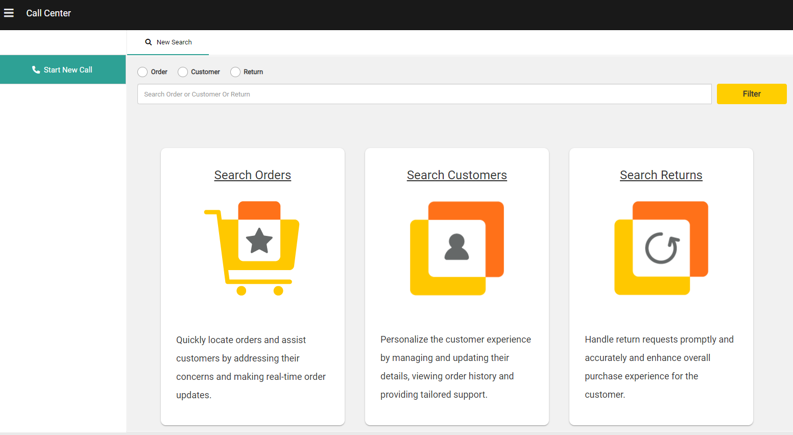 The landing page of the call center
