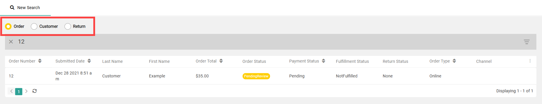 The Call Center search results with callouts for radio buttons and filters
