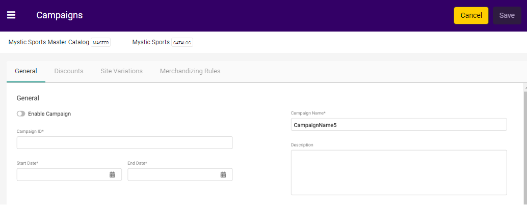 The General settings while creating a new campaign