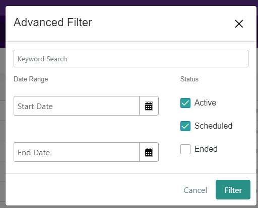 Close-up of the Advanced Filter options