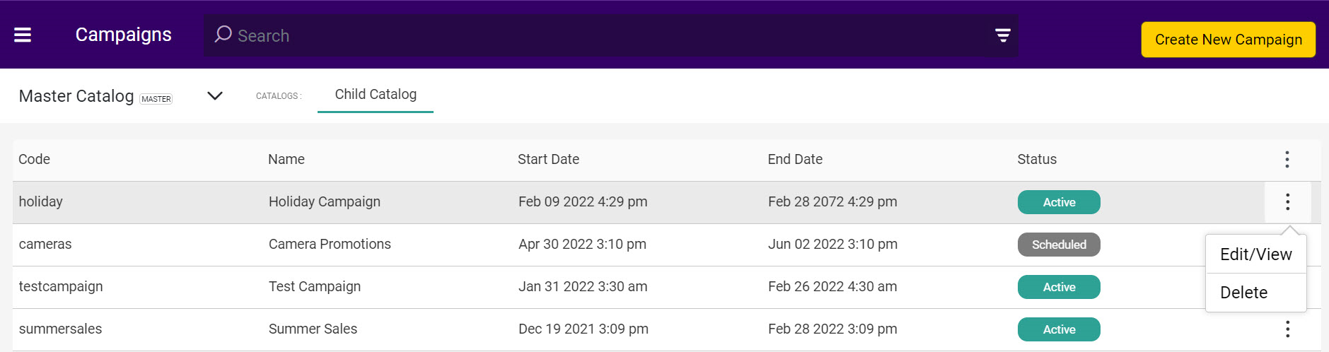The Campaigns page with example campaigns