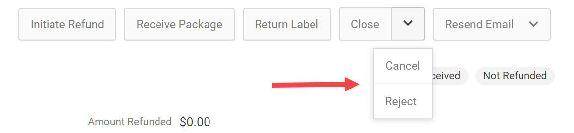 The Close return action with a callout for the Cancel and Reject options