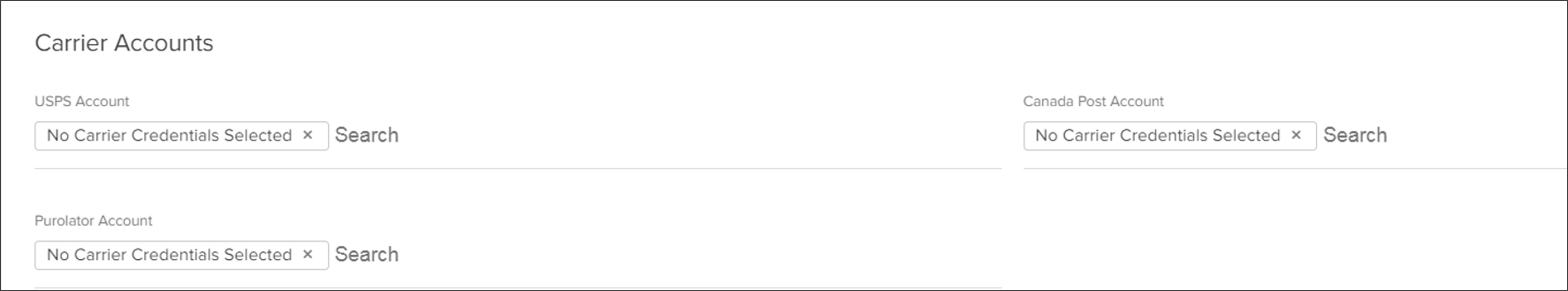 Close-up of the carrier account selections for a location