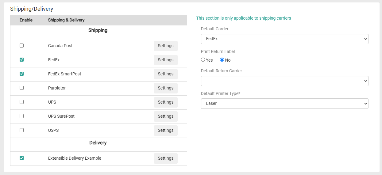 The Shipping settings for a location group