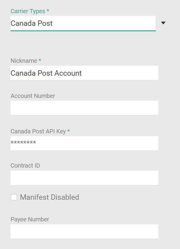 Close-up of the full carrier settings form