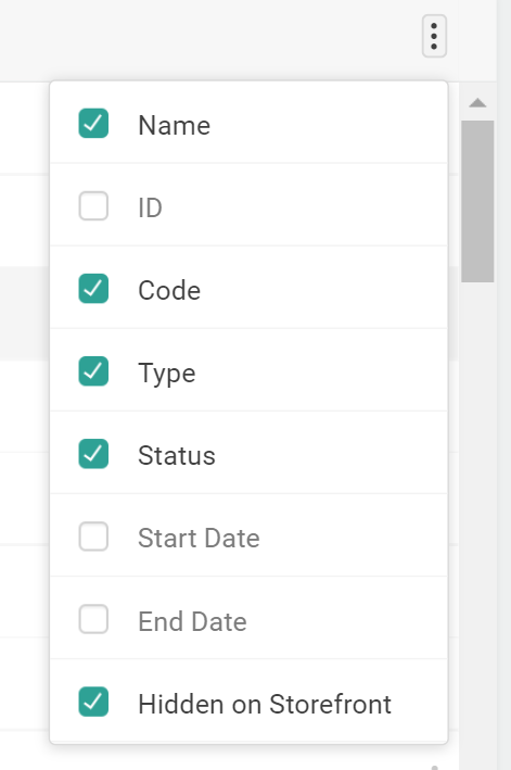 Close-up of the drop-down menu of column toggles