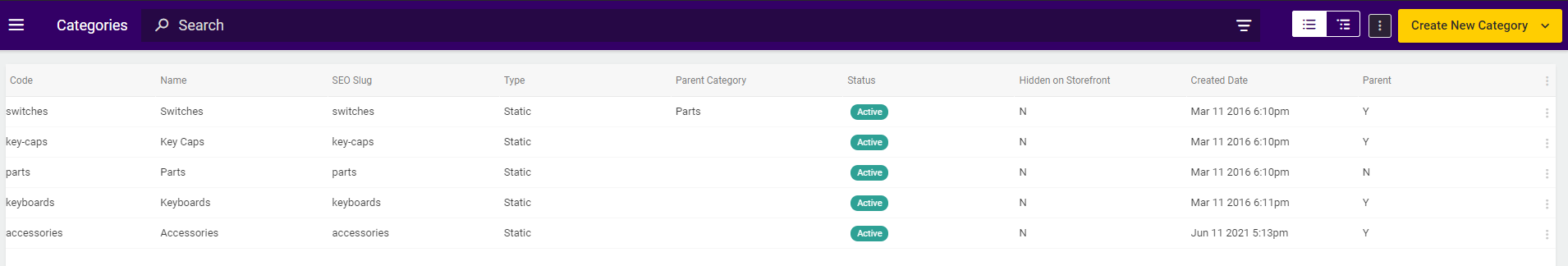 The Categories page in grid format