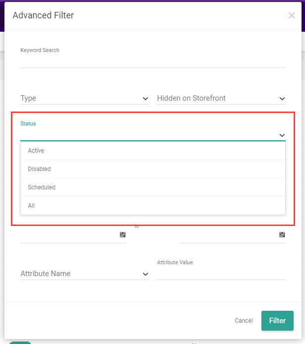 Close-up of the Advanced Filter options with a callout for the category Status field