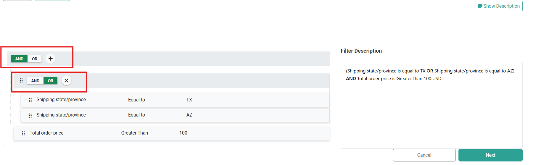 AND/OR operator selection