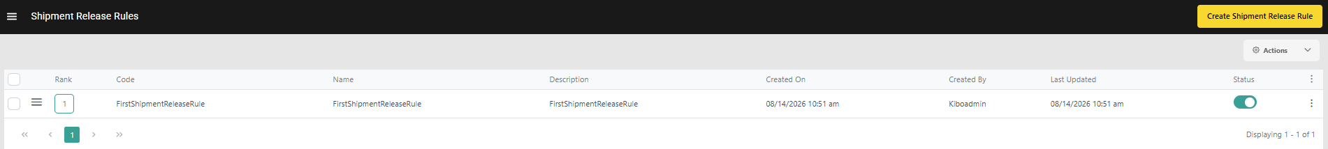 Shipment Release Rule List Page