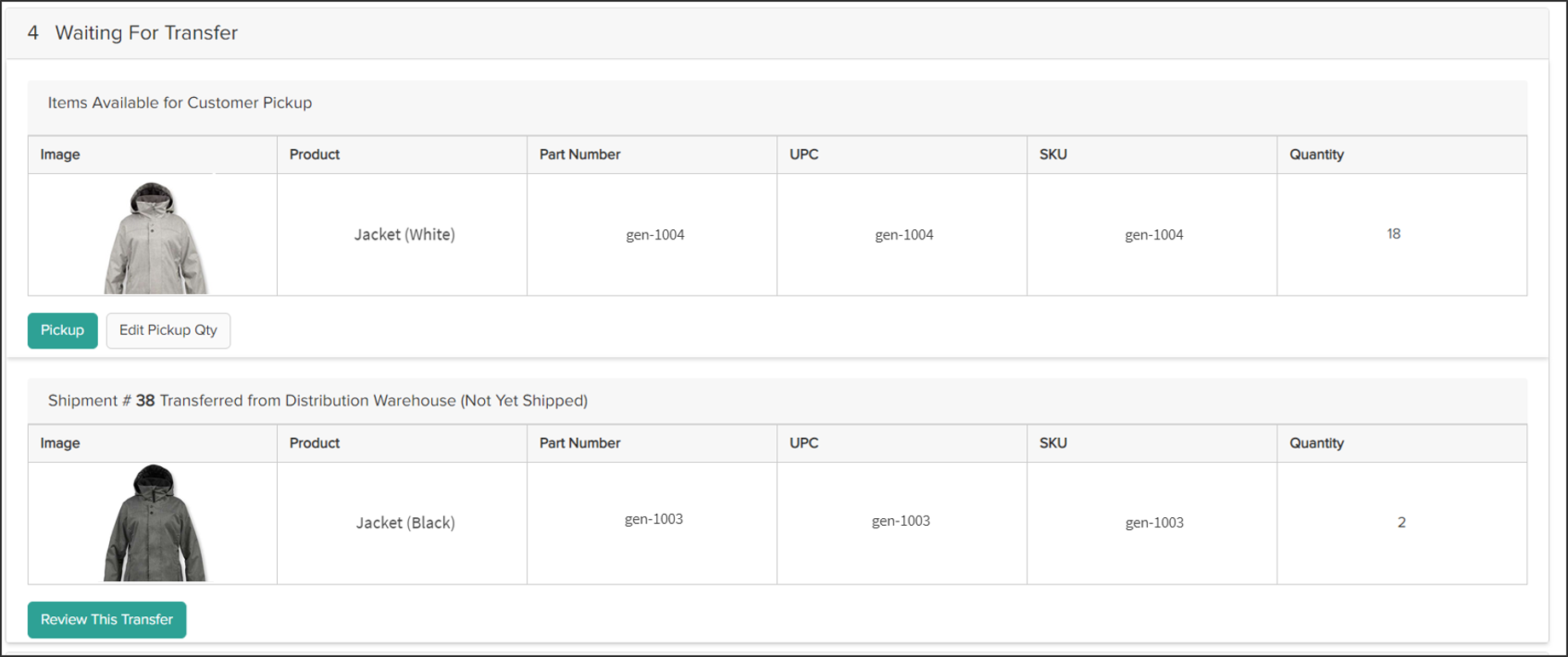 Example of the Waiting for Transfer step with one item available for pickup and one item pending transfer