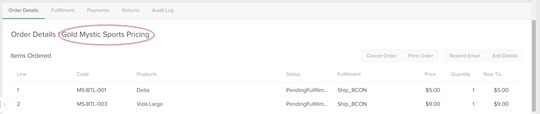 The order details tab with a callout for the example price list