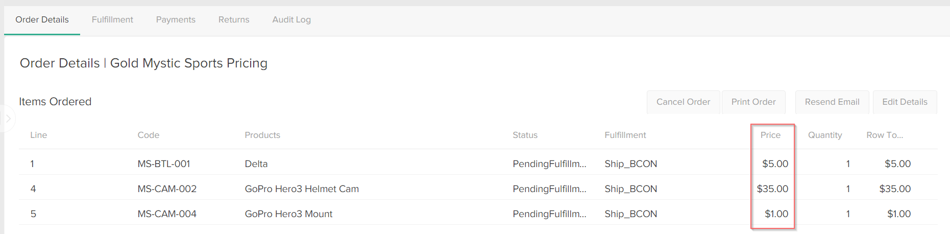 The order details tab with a callout for the item price column