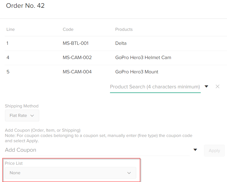 Close-up of the order details edit module with a callout for the price list drop-down menu
