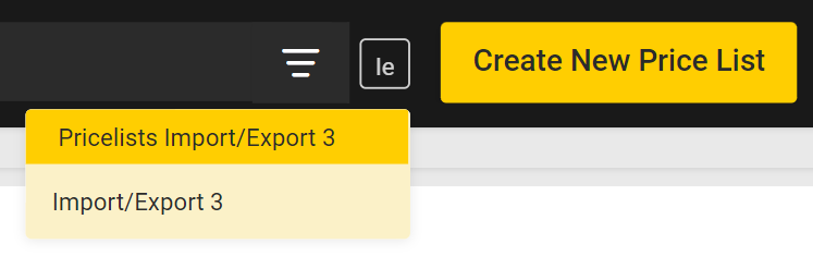 The Pricelists Import/Export button on the Price Lists page