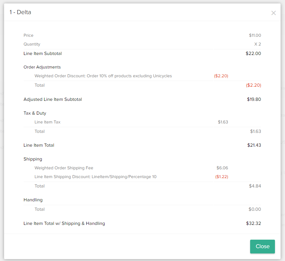 The line item pricing breakdown module