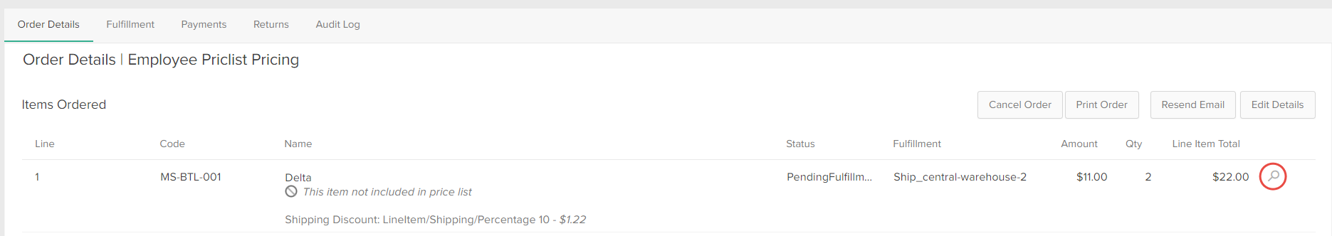 The Order Details tab with price list details and a callout for the item search icon