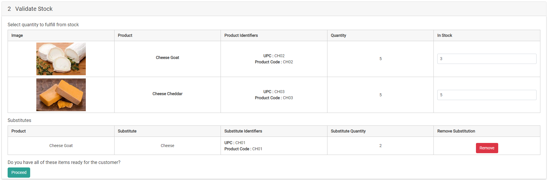 The Validate Stock step with the Substitutes table