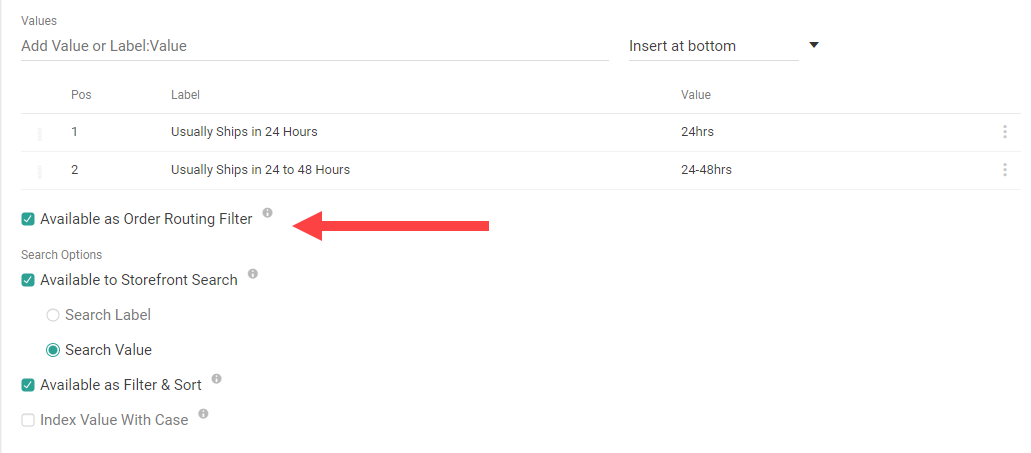 The product attribute settings with a callout for the Available as Order Routing Filter toggle