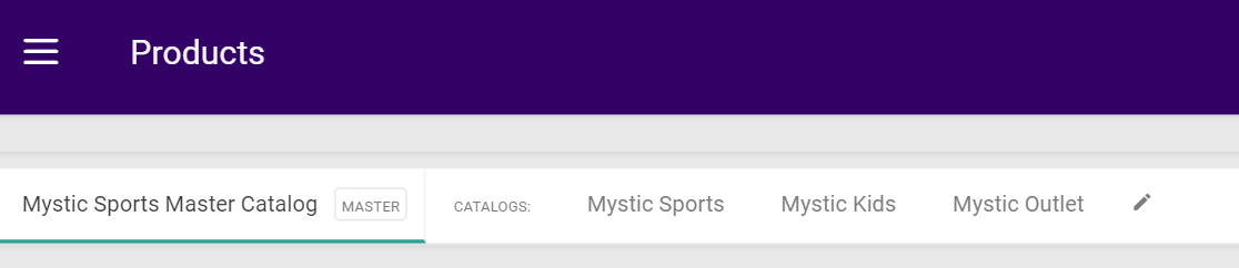 Close-up of the Products page header showing the master and child catalogs