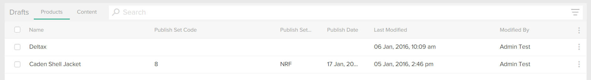 The Products tab with two example products