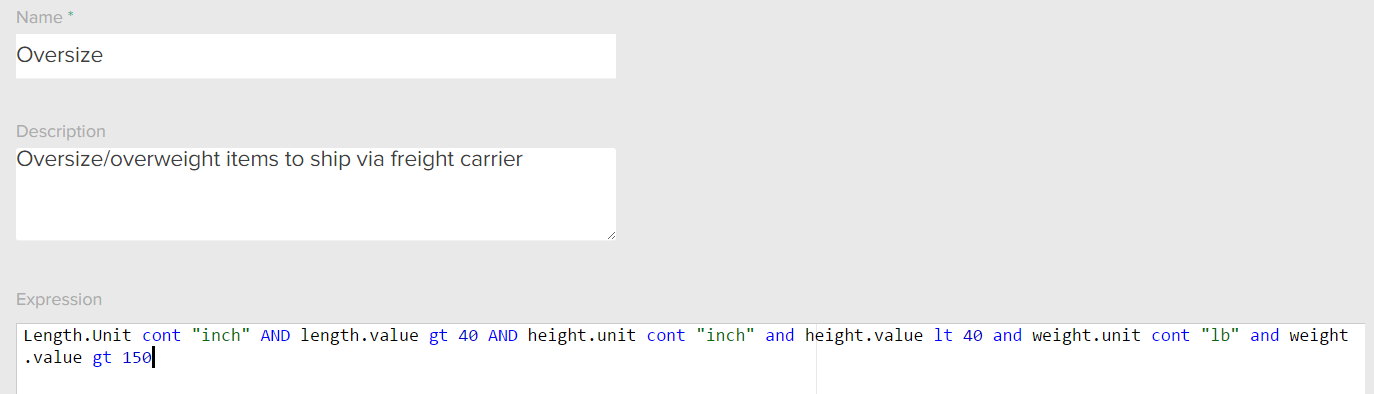 Close-up of expression logic specifying oversize rules for products