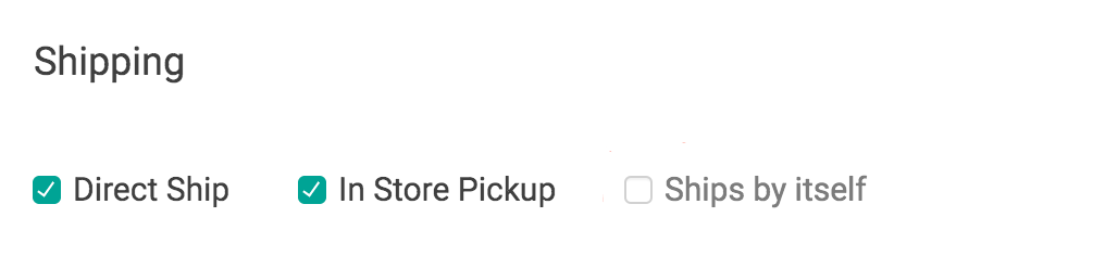 Close-up of Shipping settings with Direct Ship and In Store Pickup enabled