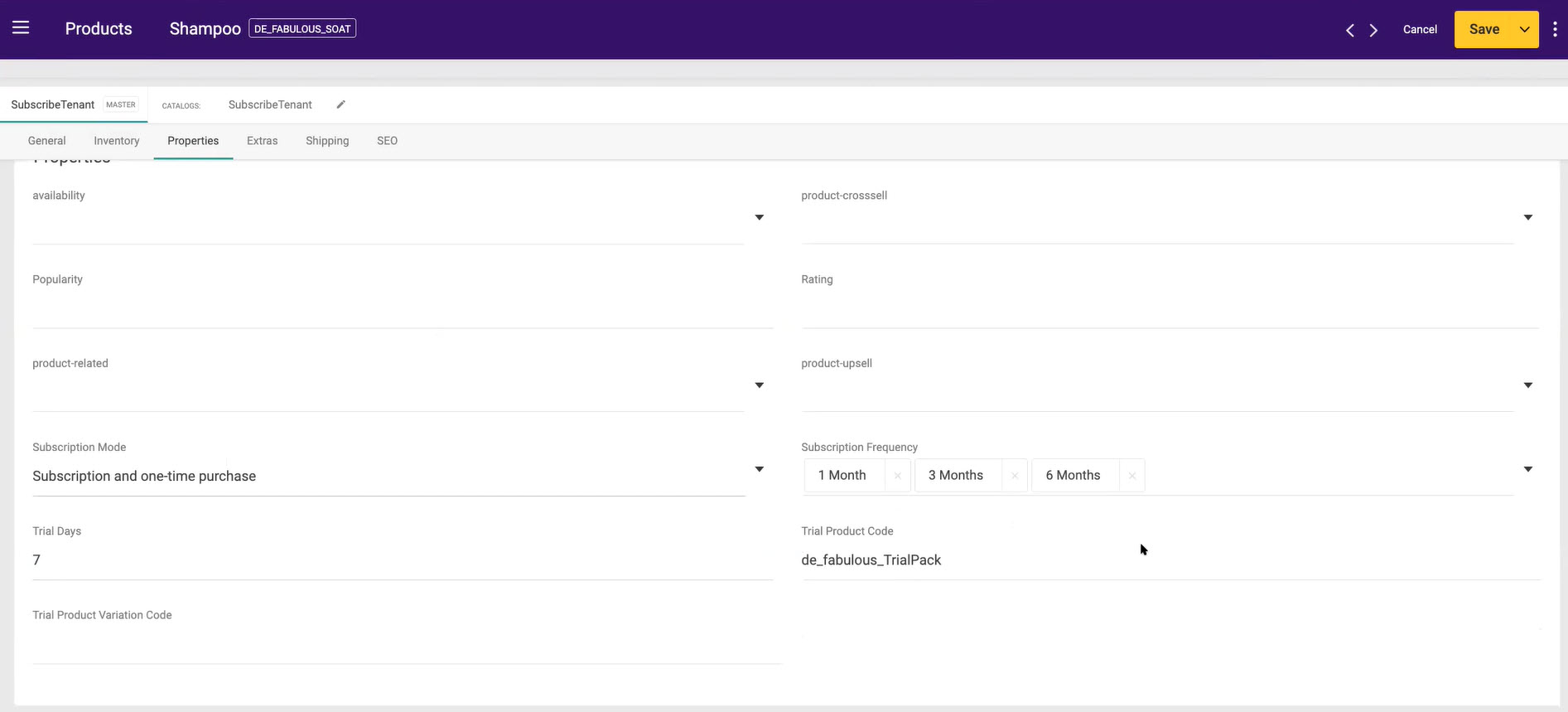 The product configuration page with Subscription Mode, Frequency, Trial Days, and Trial Product Code fields