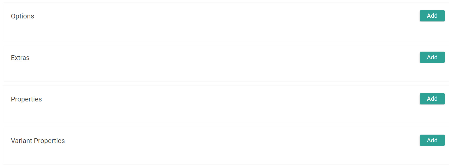Add buttons for options, extras, properties, and variant properties