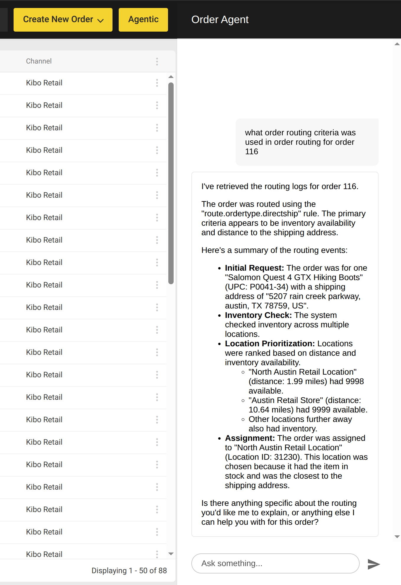Order Routing Agent explaining routing criteria for an order