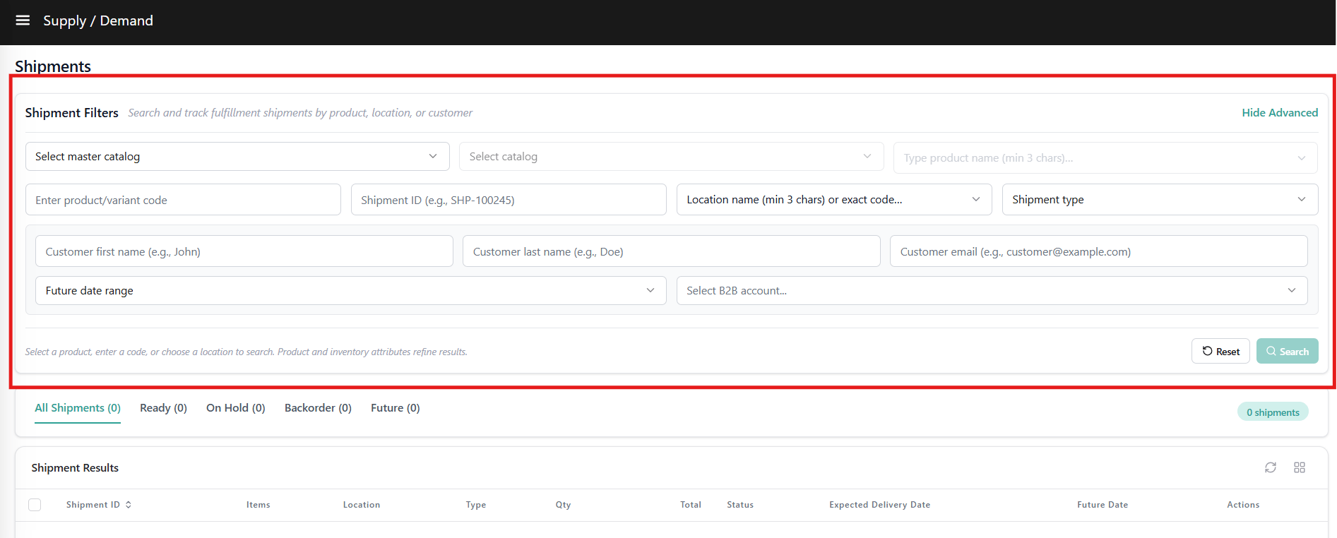 Search And Filter Section Shipments Page