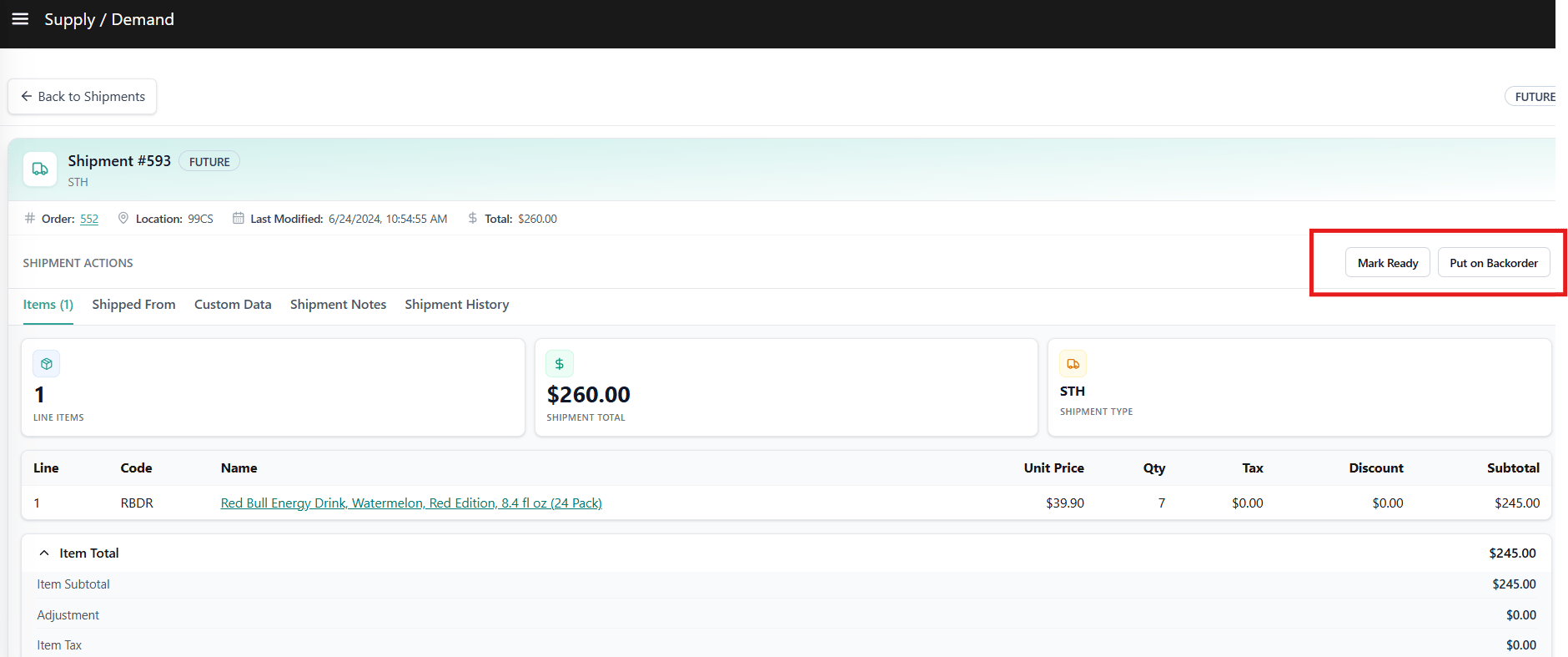 Shipment Detail Drawer — Future Status With Mark Ready And Move To Backorder Actions Visible