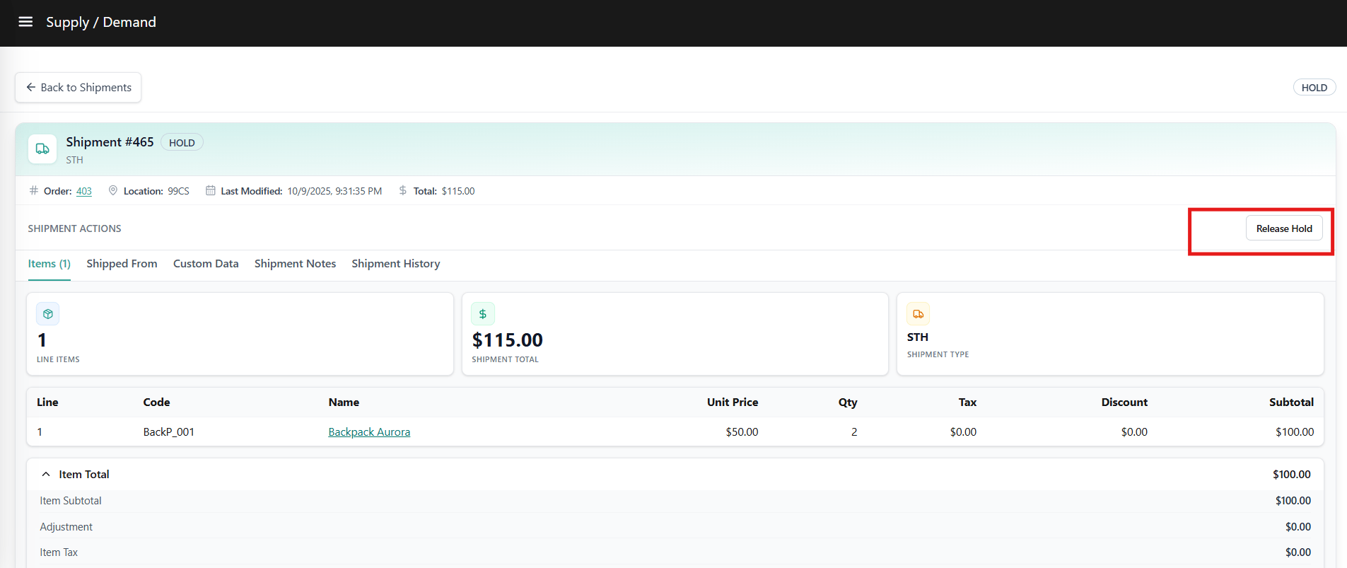 Shipment Detail Drawer — Hold Status With Release Hold Action Visible