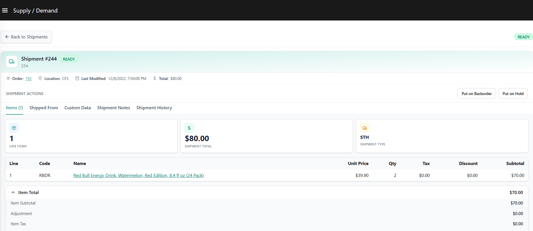 Shipment Detail Drawer — Ready Status With Put On Hold And Move To Backorder Actions Visible