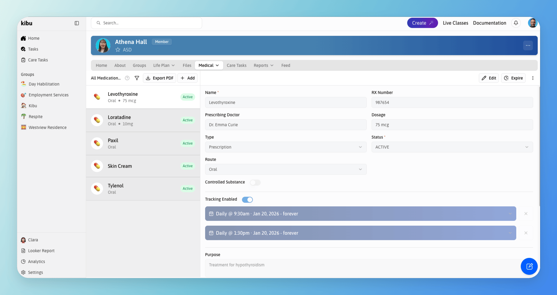 The Medications page inside a member's Medical tab, showing a list of active medications with details and tracking options