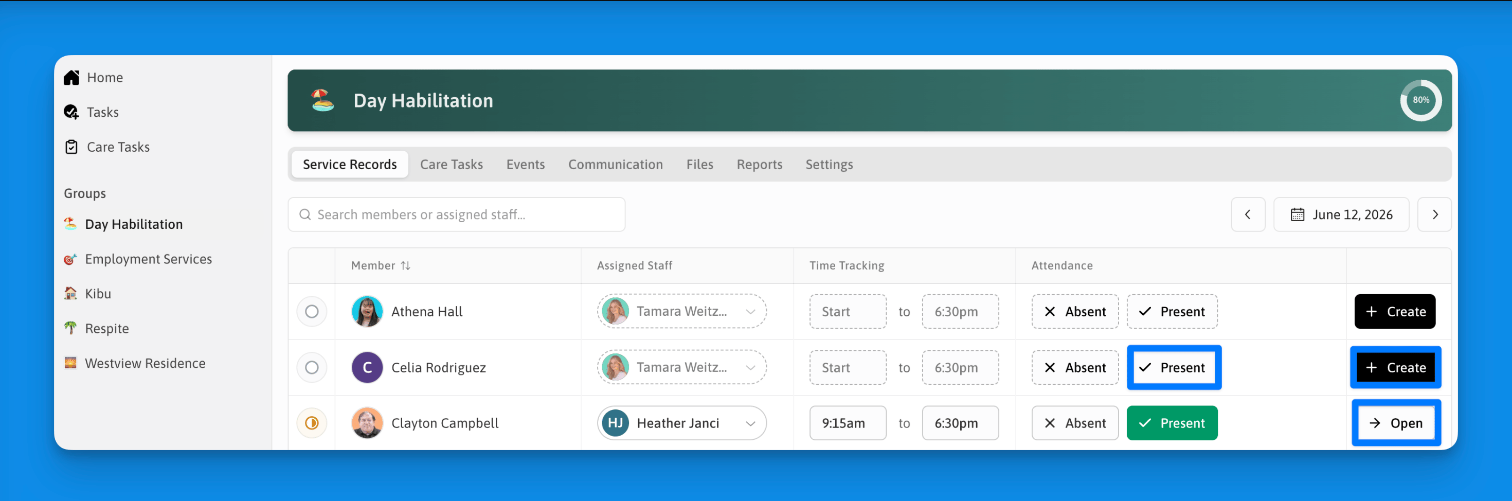 The Kibu group view showing member attendance and the option to create or open a service record