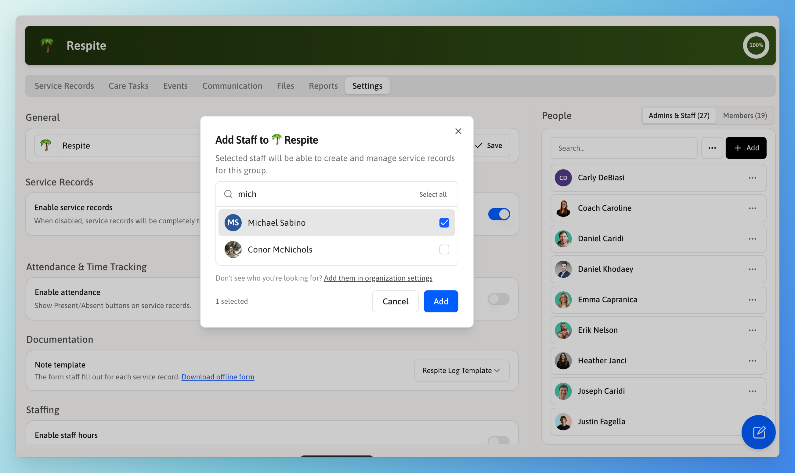 Add Staff to Respite modal with mich typed into the search field, Michael Sabino's checkbox selected, and 1 selected shown above the Add button