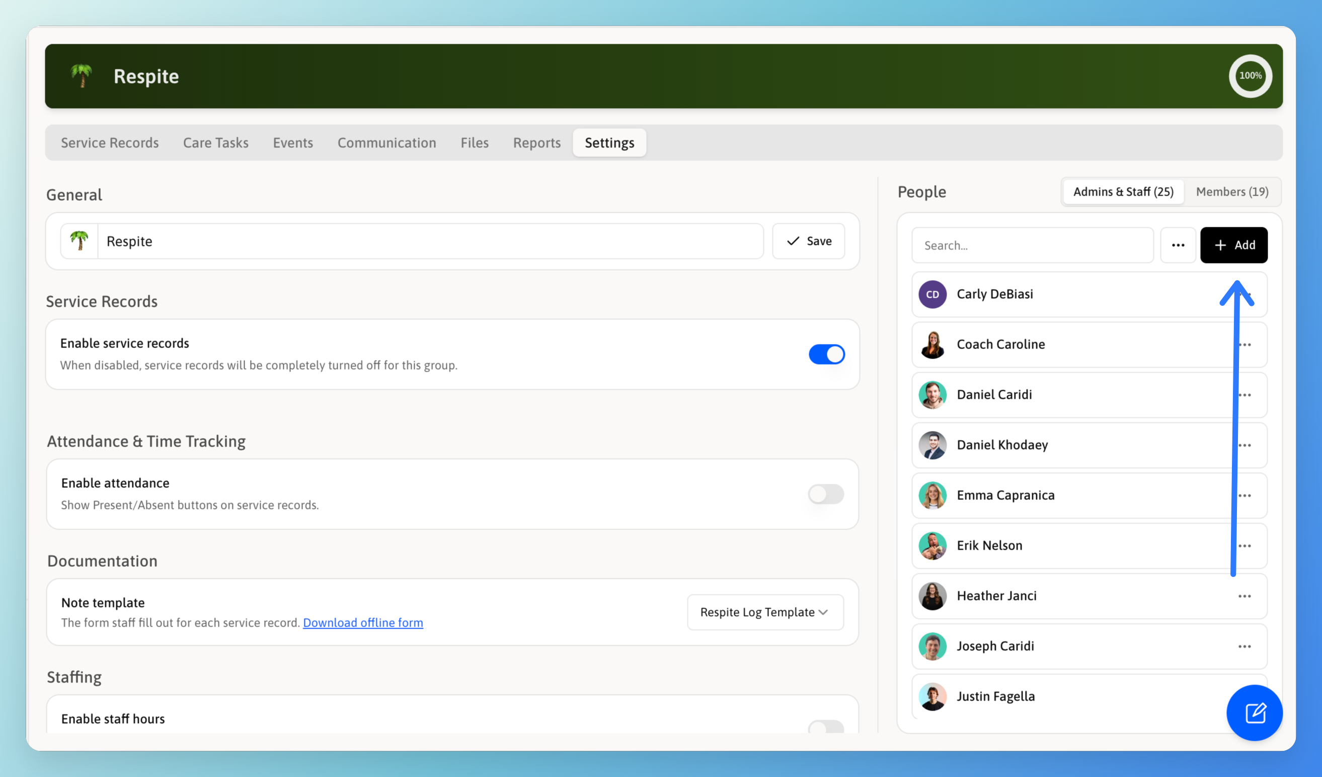 Respite group Settings tab with the People panel open, showing the Admins and Staff tab selected and the Add button highlighted