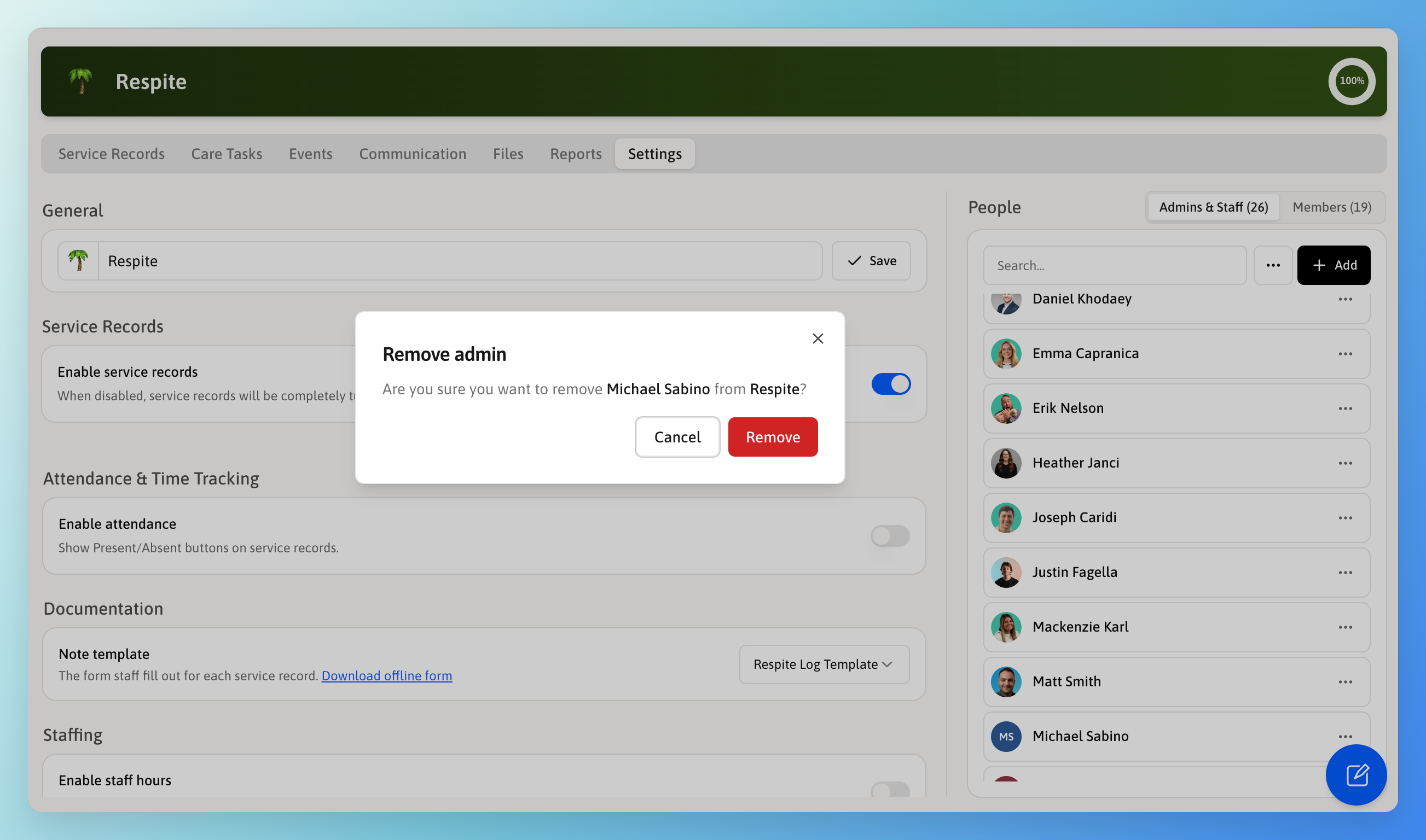 Remove admin confirmation dialog asking Are you sure you want to remove Michael Sabino from Respite with Cancel and Remove buttons