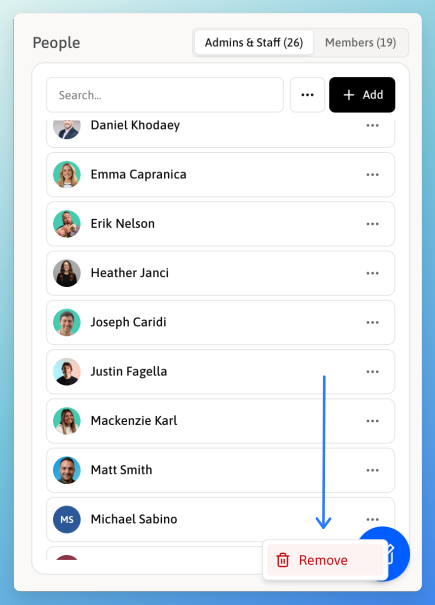 People panel showing the Admins and Staff list with a Remove option displayed after clicking the three-dot menu next to Michael Sabino's name