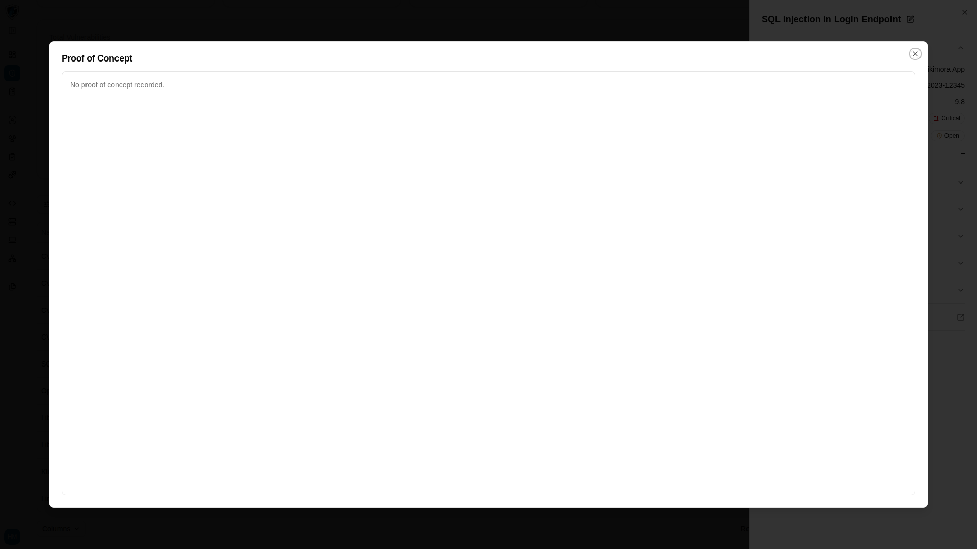 Full-screen proof of concept modal showing formatted HTTP request and response code blocks