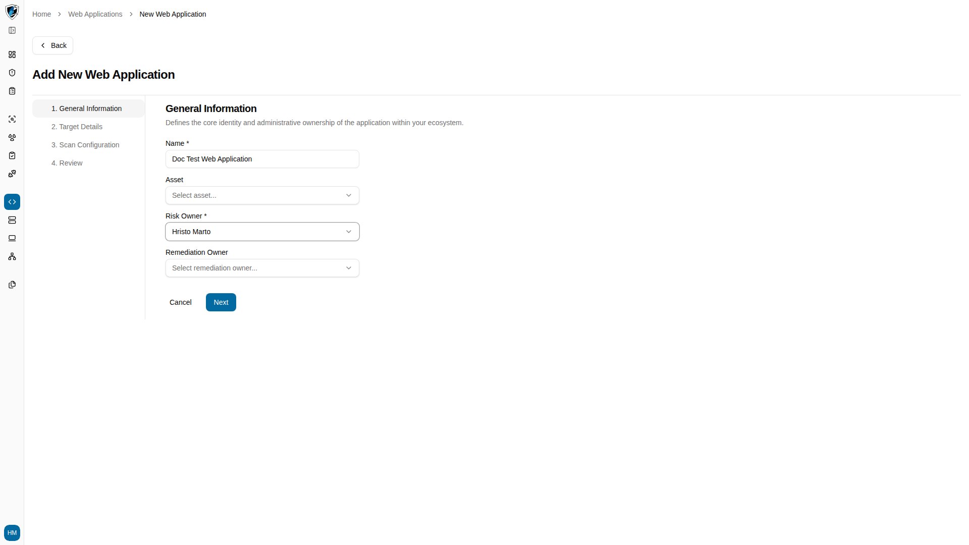 Step 1 of the web application wizard with name, asset, risk owner, and remediation owner fields