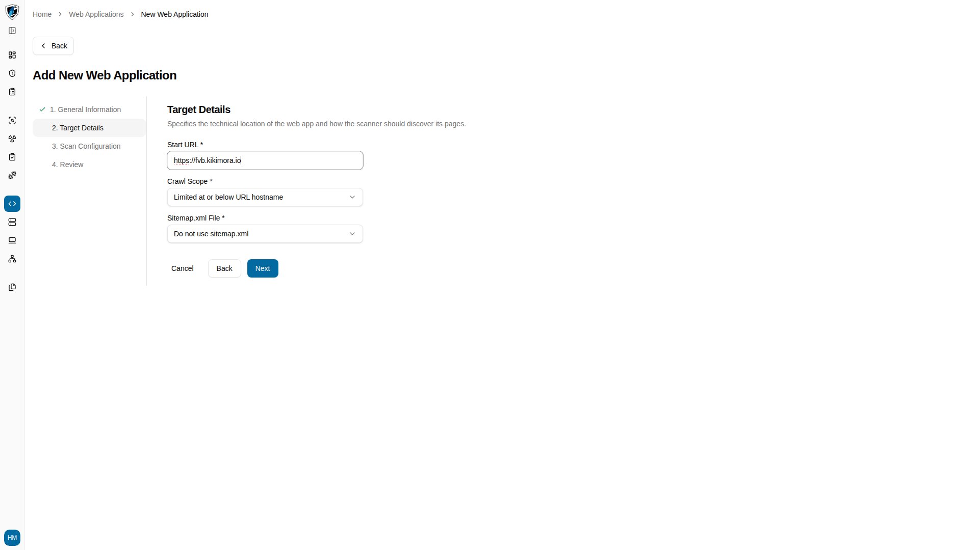 Step 2 of the wizard showing start URL, crawl scope, and sitemap configuration