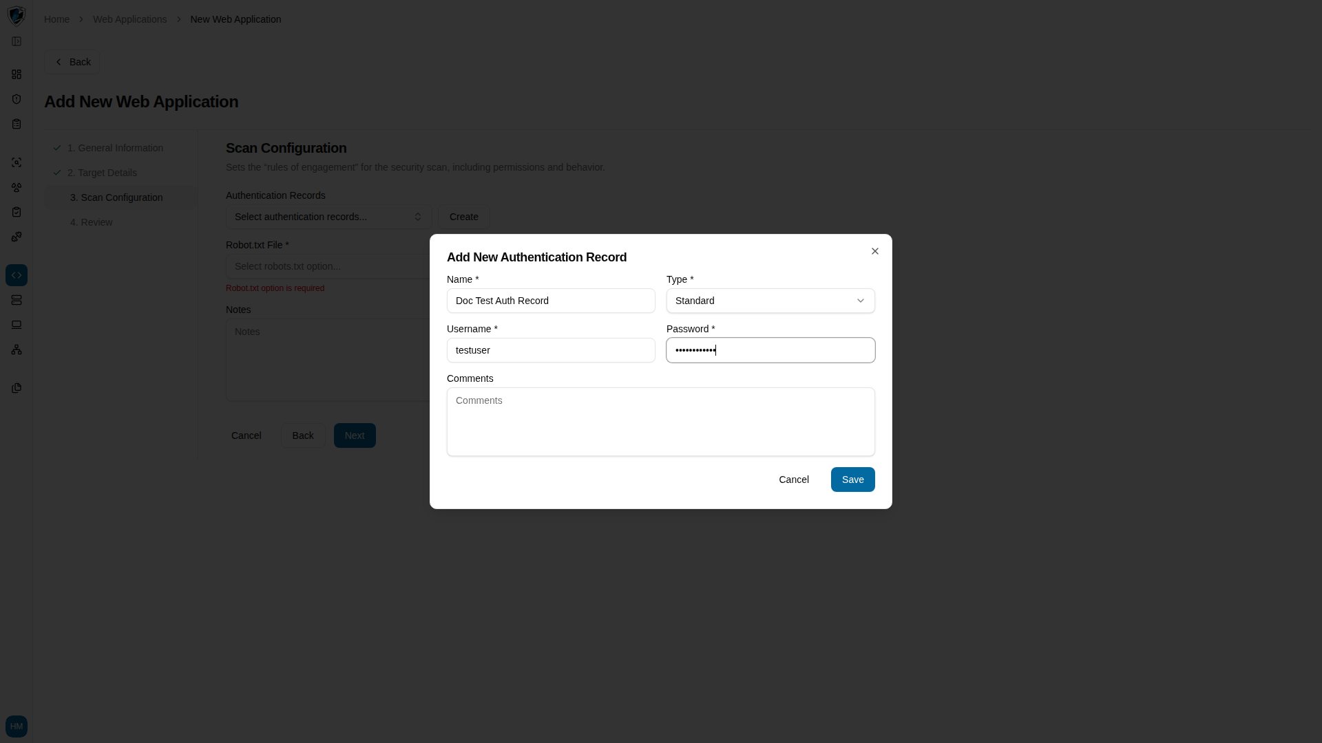 Add New Authentication Record dialog with name, type, username, password, and comments fields
