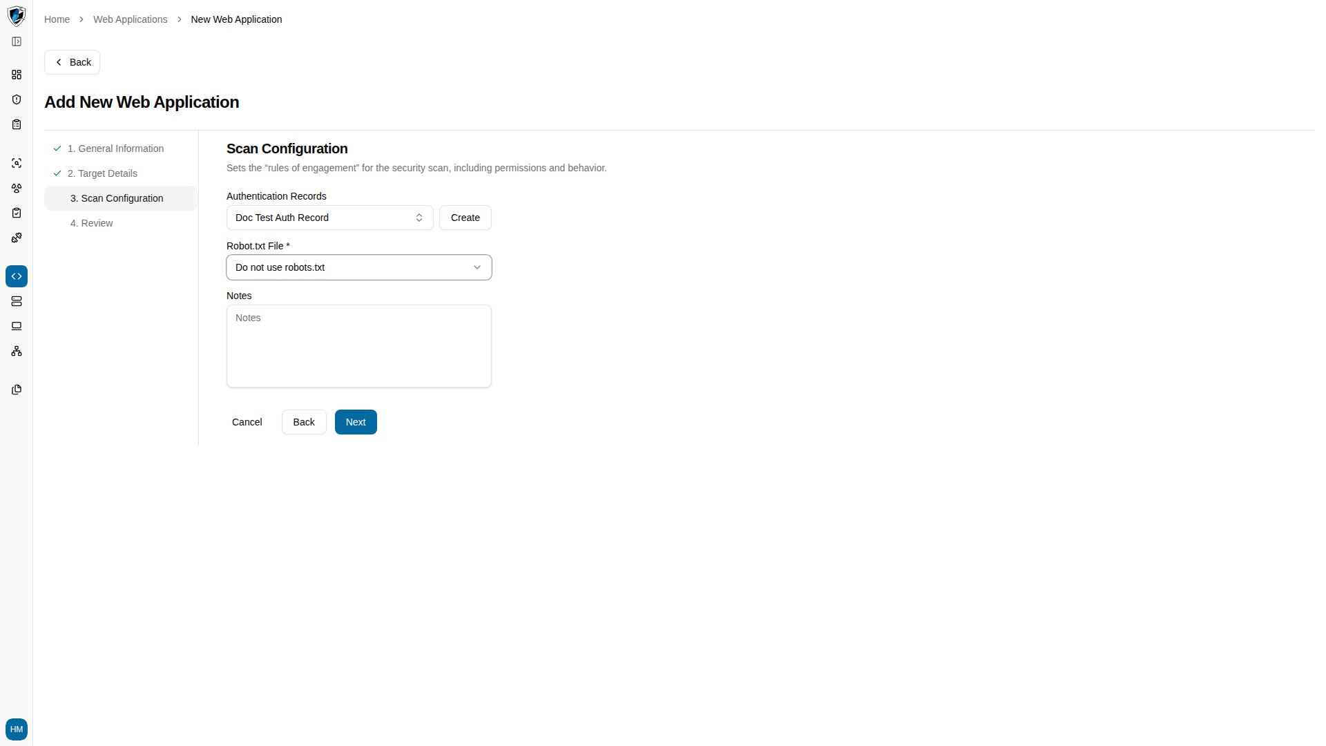 Step 3 scan configuration with the authentication records selector and robots.txt option