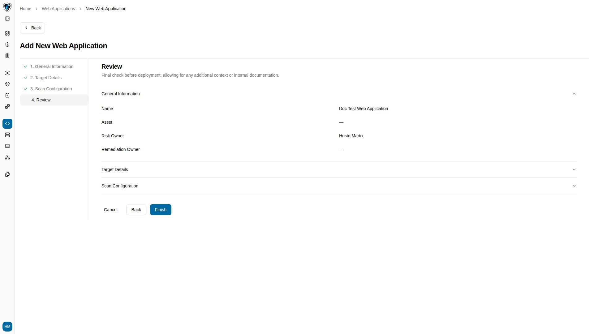 Review step summarizing the configured general information, target details, and scan configuration